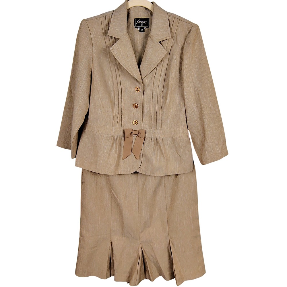Womens SZ 12 Sweet Suit Skirt Set Tan Marl Pintuck Bow Officecore Dark Academia